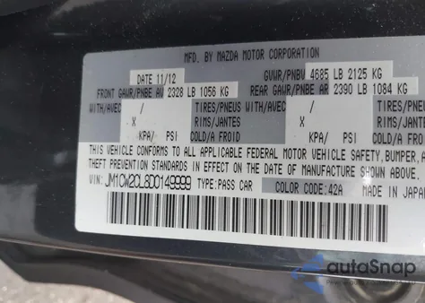 2013 Mazda 5 z USA, uszkodzony, nr VIN JM1CW2CL8D0149999